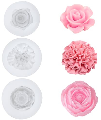 Lot de 3 moules en silicone - Moules à bougies - Moules en silicone - Roses - Œillet - Pivoine - Moule à bougie - Moules à bougies pour arroser des fleurs 3D