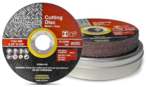 HAUTMEC Metal Cutting Discs 115mm x 1.0mm x 22.23mm 20pcs, Cut Metal, Stainless Steel, Steel and Non-Ferrous Metals, Cut-Off Wheels For Angle Grinder Use HT0014-20PC