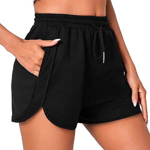 Litherday Short Femme Short de Sport Femme Été Fente latérale Pantalon Court pour Fitness Jogging Running Respirant Doux avec Poches Cordon Noir L
