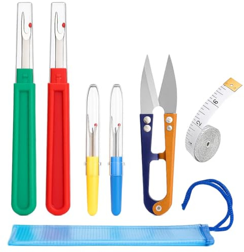 Seam Ripper 5-Piece Set, Including 2 Large Seam Rippers, 2 Small Thread Pickers, 1 Pair of Scissors, 1 Measuring Tape, and a Storage Bag. Ideal for Sewing Accessories and Cross Stitch Accessories