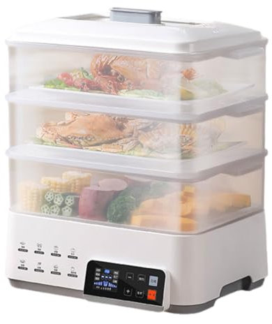 Vaporera de Alimentos de 3 Niveles, Vaporera Eléctrica de Verduras 800W 12L con 3 Cestas de Cocción Apilables, Reserva Inteligente de 12H, 8 Funciones Preestablecidas Vaporera Multifuncional