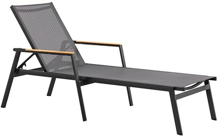 METRO Professional Tumbona Poza, Aluminio y Textileno, Reposabrazos de Teca, 5 Posiciones, 150 kg, Cómoda y Duradera