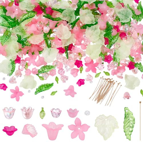 NBEADS 417 Stk. Acryl Assorted Beads Kit, Frosted Blume Perlen Kappen Ahornblatt-Acryl-Anhänger Blume Lose Perlen Ohrring Making Kit für Schmuckherstellung
