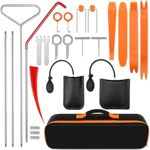 XSBAIHUO Kit de herramientas de coche de 25 piezas, kit de herramientas esenciales de emergencia para automóviles con gancho y bomba de aire, funda portátil para reparaciones de emergencia