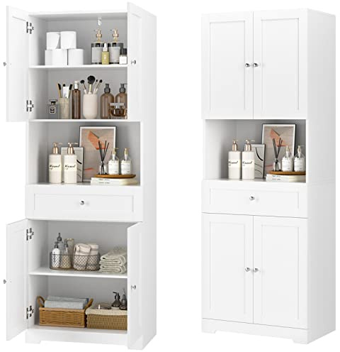 Tall Bathroom Storage Cabinets with Drawer, Modern Linen Cabinet with Doors & Shelves, 67H Tall Storage Cabinet Freestanding for Bathroom, Dining Room, Kitchen & Pantry, Laundry, Narrow Corner, White