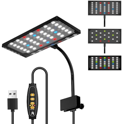 Clip On Aquarium Light,3 Lighting Modes Full Spectrum Fish Tank Light Adjustable Timer/ 10 Brightness with 360° Rotation Lamp Rod for Within 0.5 Thickness Glass Aquariums Tanks