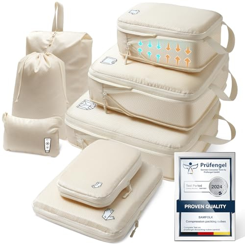 8 pièces Packing Cubes Compression, Organisateur Valise Organisateur de Voyage Rangement Valise Bagage Sac Compression pour Sac à Dos Beige chaud