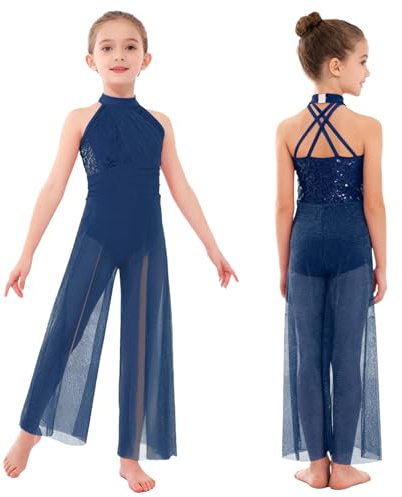 inlzdz Kids Girls Sleeveless Crisscross Straps Back Sequins Lyrical Ballet Leotard Dress Contemporary Dance Costume Navy Blue 9-10 Years