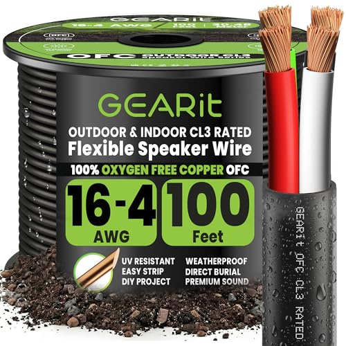 GearIT 16/4 högtalarkabel (100 fot) 16 AWG mätare, svart 4-ledare/utomhus direkt begravning i mark/på vägg/CL3 CL2 klassad – OFC syrefri koppar, svart 30,5 m