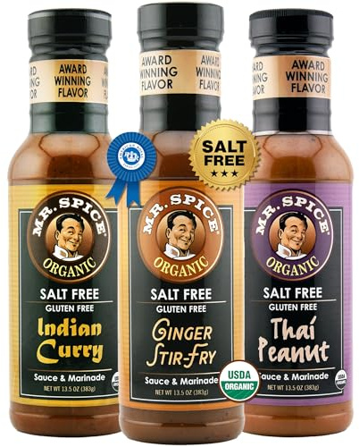 Mr. Spice Asian Fusion 3 Pack, Organic Salt Free Ginger Stir Fry, Thai Peanut & Indian Curry Sauce, Gluten Free Sauces, Low Sodium Marinades for Grill & Wok, Award-Winning Flavors, 13.5 Oz Ea