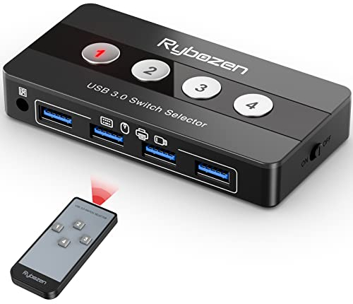 Rybozen USB 3.0 Switch 4 Porte per 4 PC 4 Ingressi 4 Uscite USB Interruttore per Stampante Tastiera Mouse Chiavetta USB Disco Rigido Esterno Scanner, con Telecomando..