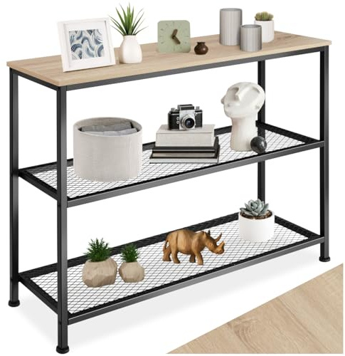 tectake® Industrial-Style Console Table with 2 Open Grid Shelves, Slim Side Table with Sturdy Steel Frame & Rustic Wooden Tabletop, Ideal as Living Room, Bedroom & Hallway Storage Unit - Light Wood