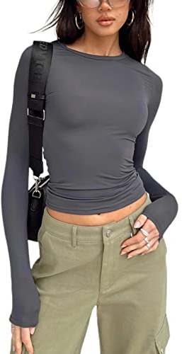 Geagodelia Damen Langarmshirt Elegant Oberteil Y2k Fashion Crop Top Sexy Langarm T-Shirt Bluse Aesthetic Clothes Outfit Frühling Sommer (A - Grau, S)