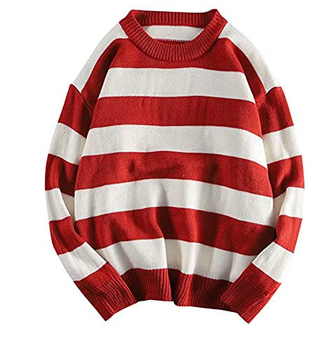 UnoSheng Jersey de invierno a rayas para hombre: manga larga, cuello redondo - cálido, suave e informal, rojo, XXL