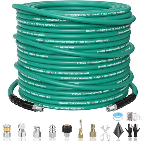 SITIMIMIL 100FT Sewer Jetter Kit for Pressure Washer,1/4‘’NPT Drain Cleaner Hose 5800PSI, With Adapter Corner Rotating Button Nose Sewer Jetting Nozzles Kit Pearl Corsage Pin Spanner Waterproof Tape