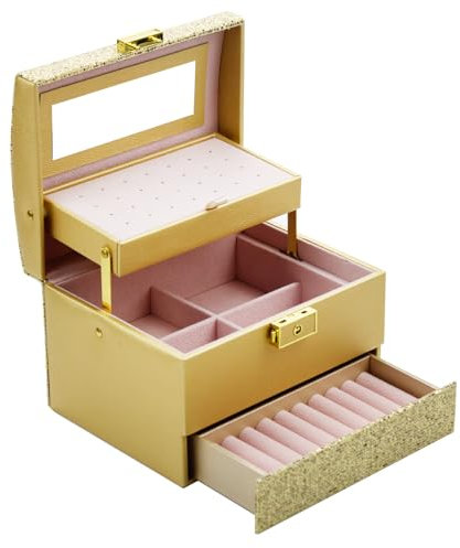 Gold Jewellery Boxes with Mirror and Lock Earrings Storage Case for Rings Necklaces Bracelets Gold Three Layer Jewelry Box Organisers