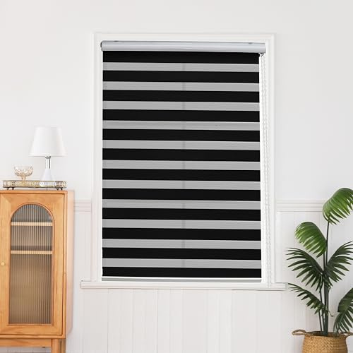QiBoYuYe Day Night Blind Zebra Roller Blinds Blackout Window Curtain For Bedroom Door Windows Aluminium Cassette Translucent Vision Curtains (Black Width 115cm X Height 150 cm)