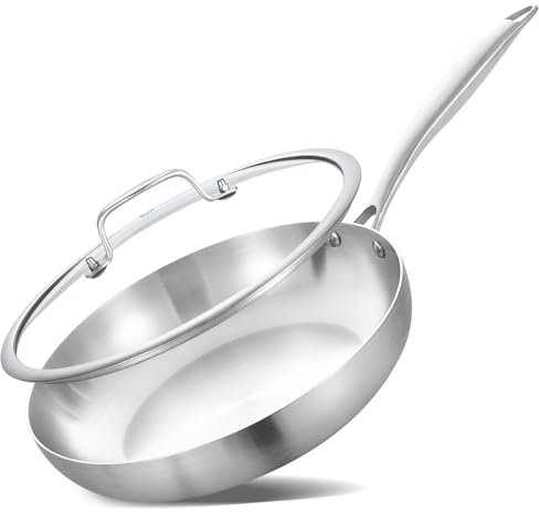 Inqibee 26 CM Tri-Ply Stainless Steel Frying Pan with Lid,Riveted Ergonomic Handle,Compatible with Induction Stove,Even Heating and Oven Safe