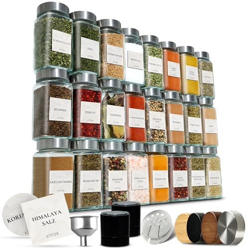 KITCHI Tarros de especias con bandeja para esparcir [24 x 120 ml] + 240 etiquetas resistentes al agua – tarros herméticos para especias rectangulares – Juego de tarros de especias – Juego de tarros de