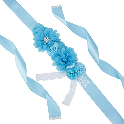 Cinturón de novia azul con flores de maternidad, faja de satén con perlas de encaje, cinturón de cintura para boda, joyas, vestido de novia, cinta para baby shower, sesión de fotos, dama de honor, 270