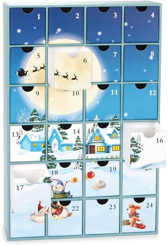 BRUBAKER Adventskalender att Fylla - Julby i Snön - DIY- Julkalender med 24 Luckor för Värdecheckar, Godis och andra Överraskningar - 39 cm Hög av Kartong