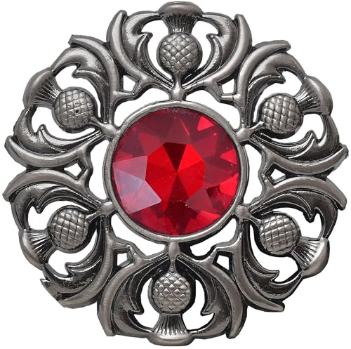 Elegant Scottish Kilt Fly Plaid Brooch - Premium Thistle Design with Sparkling stone, Handcrafted Tartan Sash Pin, Luxurious Highland Dress Accessory for Women's (Silver Antique, Red)