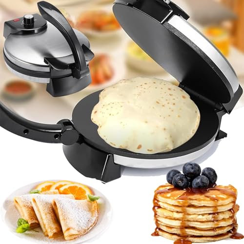 1200W elektrisk Roti Chapati Maker, dubbelsidig uppvärmning Roti Pancake Maker, 10 tum Non Stick Roti Press Tortilla Maker, Anti-skållningshandtag, Justerbar temperatur, Brödmaskin for pannkakor Crepe