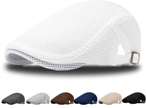 AUNGKWANG Basco UomoEstivo, Piatto Berretto da Uomo Cappello Estivo Regolabile, da UomoEstivo Traspirante Piatto Estivo in Rete PiattoBerretto, Circonferenza della Testa 56-61 cm, Bianco
