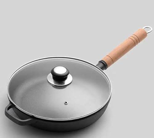 BUERPINKING Gusseisenpfanne 27cm mit Deckel, Pfanne Ohne Beschichtung, Bratpfanne gusseisen, Griff aus Massivholz, Cast iron Pan, Steakpfanne, Gasherd und Induktion Kompatibel