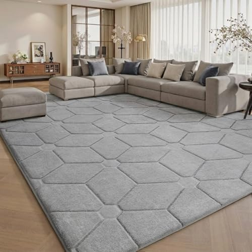Treeboy Extra Large Rugs for Living Room 240x300 Washable Grey Rug Carpet | Thick Shaggy Area Rugs for Bedroom,Anti Slip Soft Fluffy Rug,3D Geometric Low Pile Bedside Carpets for Kids Bedroom Nursery