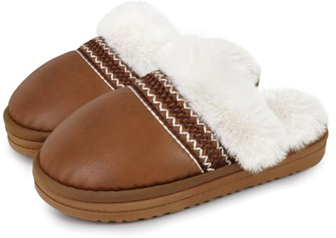 ZEPYFXIT Chaussons Femme Hiver Chaud Peluche Pantoufles Homme Cuir Maison Mémoire Mousse Confortable Chausson Fourré Imperméables Antiderapant Intérieur(Marron 198,37/38 EU)