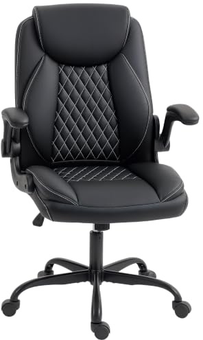 HOMCOM Executive Office Chair with Flip-Up Armrests for Home Black | PU Leather Computer Desk Chair, Thick Cushion, Tilt Function, Height Adjustable