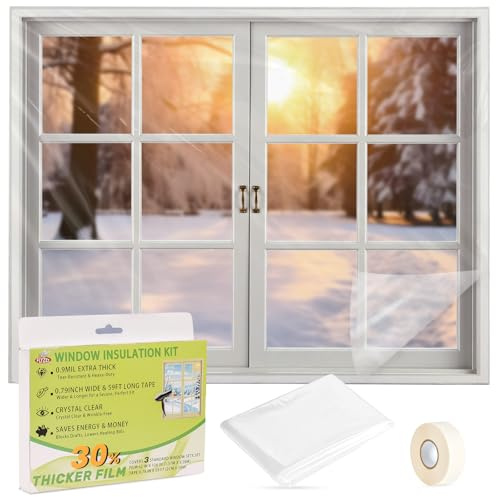 FLYZZZ Window Insulation Kit, 62X126inch 0.9 Mil Window Plastic for Winterizing, Indoor Plastic Window Covering with Wide Tape, Insulates 3 Standard (3'x5') Windows