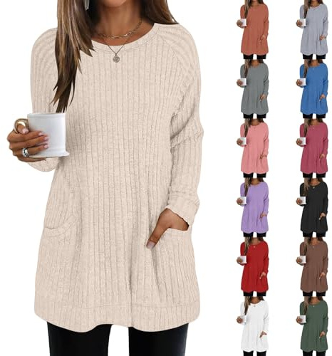 Fine Knit Jumpers for Women Uk,Jumpers for Women Uk Lightweight With Pocket Long Sleeve Tops Casual Round Neck Tunic Top Long Tops To Wear With Leggings Ladies Knit Jumper Sweater Beige Xxl