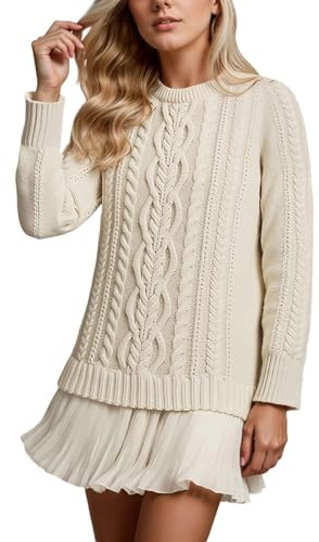Robe pull pour femme avec jupe en dentelle, robe en tricot en laine, tricot torsadé élégant, automne, confortable, chaud, col rond, robe plissée patchwork, tunique, haut pull extensible, doux, tenue