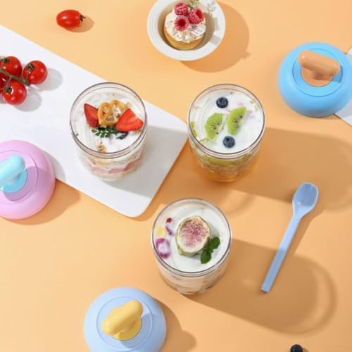 Glasbehållare med läckagesäkert lock och tillhörande sked för förvaring av frukost havre, För mjölk, korn, yoghurt, pudding och sallader, med enkel rengöring och design med bred öppning (blått lock)