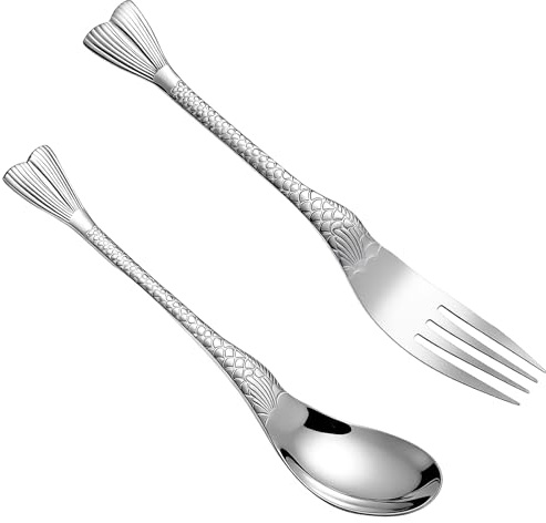 Eldraqth 2 Pcs Stainless Steel (304) Fish Forks and Spoons Set, Sliver Fishtail Handle Spoon and Fork Silver Dinner Spoon Fork Set for Porridge Cereal Salad