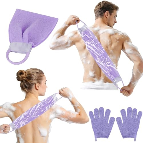 AYBUY Set de Guante Exfoliante Corporal de espalda, 3 Piezas Guante Exfoliante, 2 Guantes Exfoliantes y 1 Cepillos Ducha con asas, Morado Accesorios Para Hombres, Mujer, Ducha, Spa, Masaje, Morado