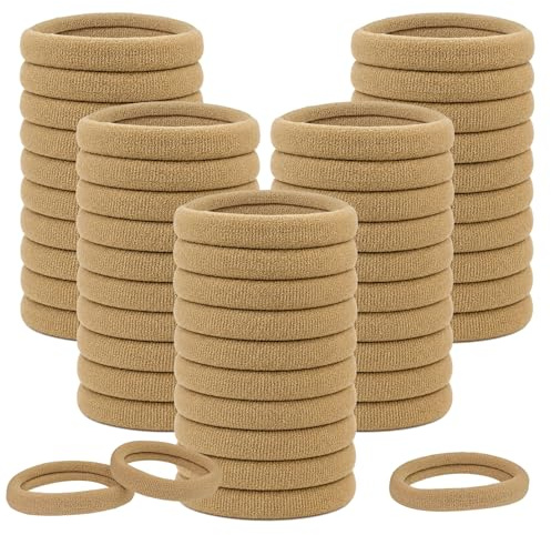 Elastic Hair Bands, 50 Pcs Seamless Thick Hair Ties, High Elasticity No Damage Hair Bobbles for Thick/Thin Curly Hair, Ponytail Holders for Women and Girls, Light Brown
