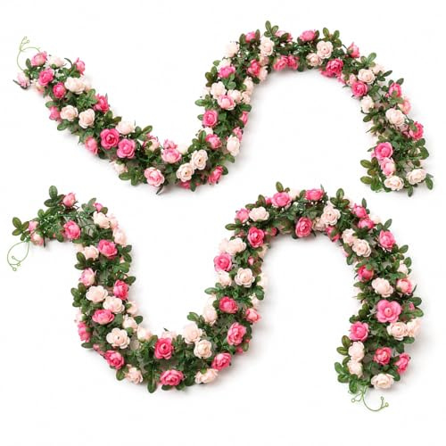 2 Pack Artificial Rose Vine Garlands, 16.4 Ft, Pink | Silk rose blooms and green leaves for wedding arches, walls, bedrooms, parties, gardens and hanging flower decor
