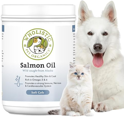 Wholistic Pet Organics Wild Alaskan Salmon Oil for Dogs and Cats - Omega 3 Fish Oil for Dogs & Cats - Cat & Dog Skin and Coat Supplement, Heart and Joint Health - DHA, EPA Omega 3 6 9-100 Soft Gels