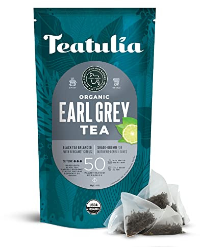 Teatulia Organic Earl Grey Tea Bags (50 Pyramid Sachet Teabags) Whole Leaf Flower 100% Compostable Black Tea + Bergamot Citrus Sustainably Grown In Bangladesh