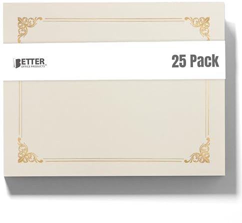 25 Pack Ivory Certificate Holders, Diploma Holders, Document Covers with Gold Foil Border, by Better Office Products, for Letter Size Paper, 25 Count, Ivory White
