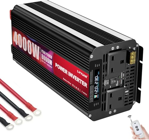 4000W Power Inverter 12V to 240V (8000W Peak), LCD Display, Wireless Remote, UK Version for Caravans & Solar Off-Grid