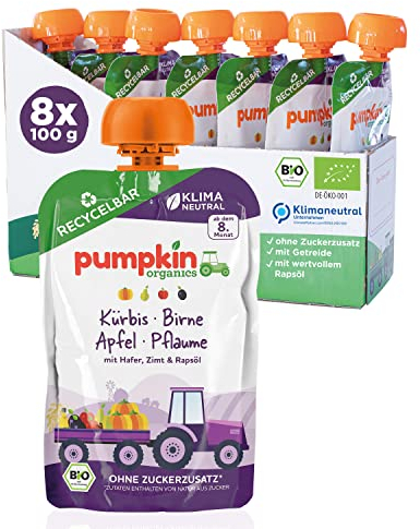 Bio Quetschie Kürbis, Birne, Apfel, Pflaume, Hafer, Zimt & Rapsöl - Gemüsepüree, Fruchtmus und Getreide für Babys ab dem 8. Monat. Recycelbarer Quetschbeutel, 8er Pack (8x100g)