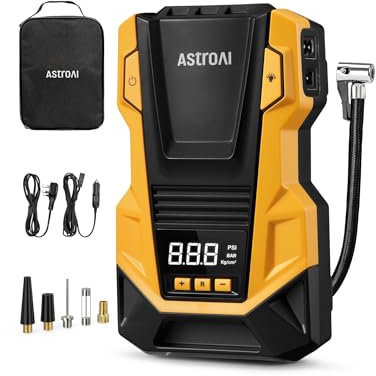 AstroAI Car Tyre Inflator Air Compressor, 240V Mains and 12V DC Dual Power Supply Tyre Pump with Digital Pressure Gauge, Max 150PSI Car Accessories Pumps for Cars Bike Motocycle Ball