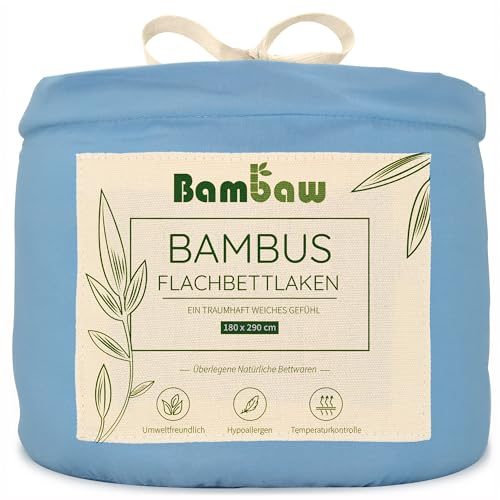 Bambaw Bambus Betttuch ohne Gummizug 180x290 cm, Bettwäsche Bambus, antibakterielle und hypoallergene Bettwäsche, Anti Akne Bettlaken, weiche Bettlaken ohne Gummizug Winter und Sommer (Hellblau)