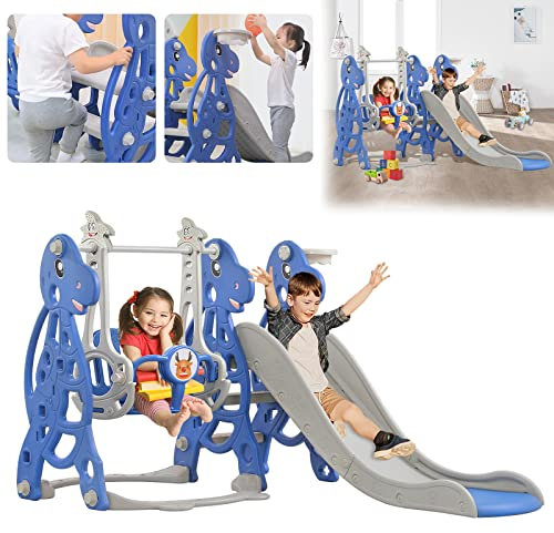 LZQ Toboggan Autoportant 3 en 1 pour Enfants à partir de 1 An - avec Panier de Basket-Ball, Balançoire et Cadre d'Escalade pour l'Intérieur et l'Extérieur - pour Tout-Petits