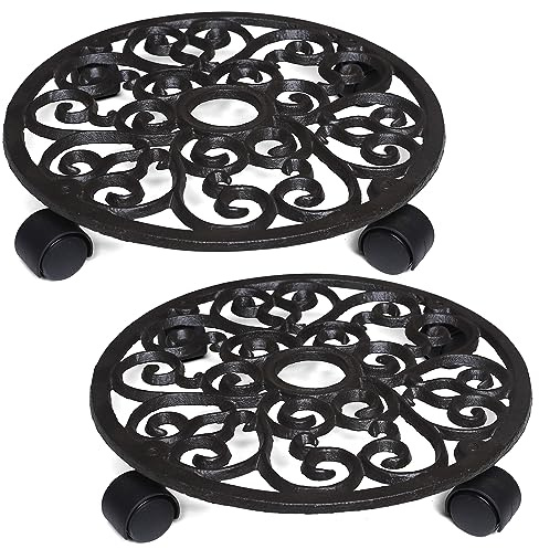 Keponbee 2 Pack Plant Caddies Heavy Duty Cast Iron Flowerpot Holder, Flower Stand Round Planter Holder with Wheels 28cm