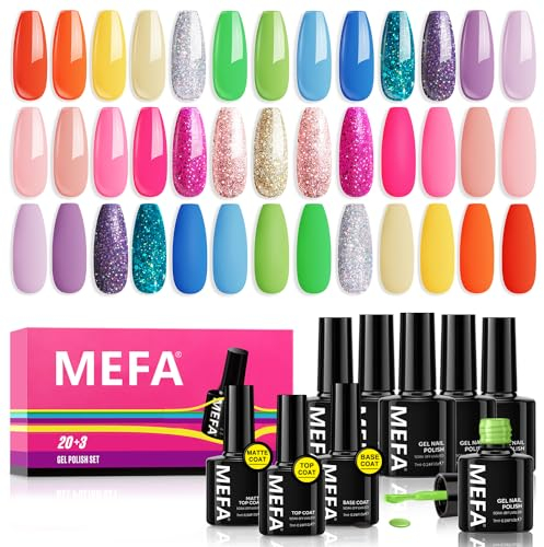 MEFA UV Nagellack Set, 20+3-Gel Nagellack Pink Nude Grün Glitzer -Glossy&Matte Top Base Coat-Soak Off Uv Lack, Gellack Uv für Nail Art Maniküre Salon